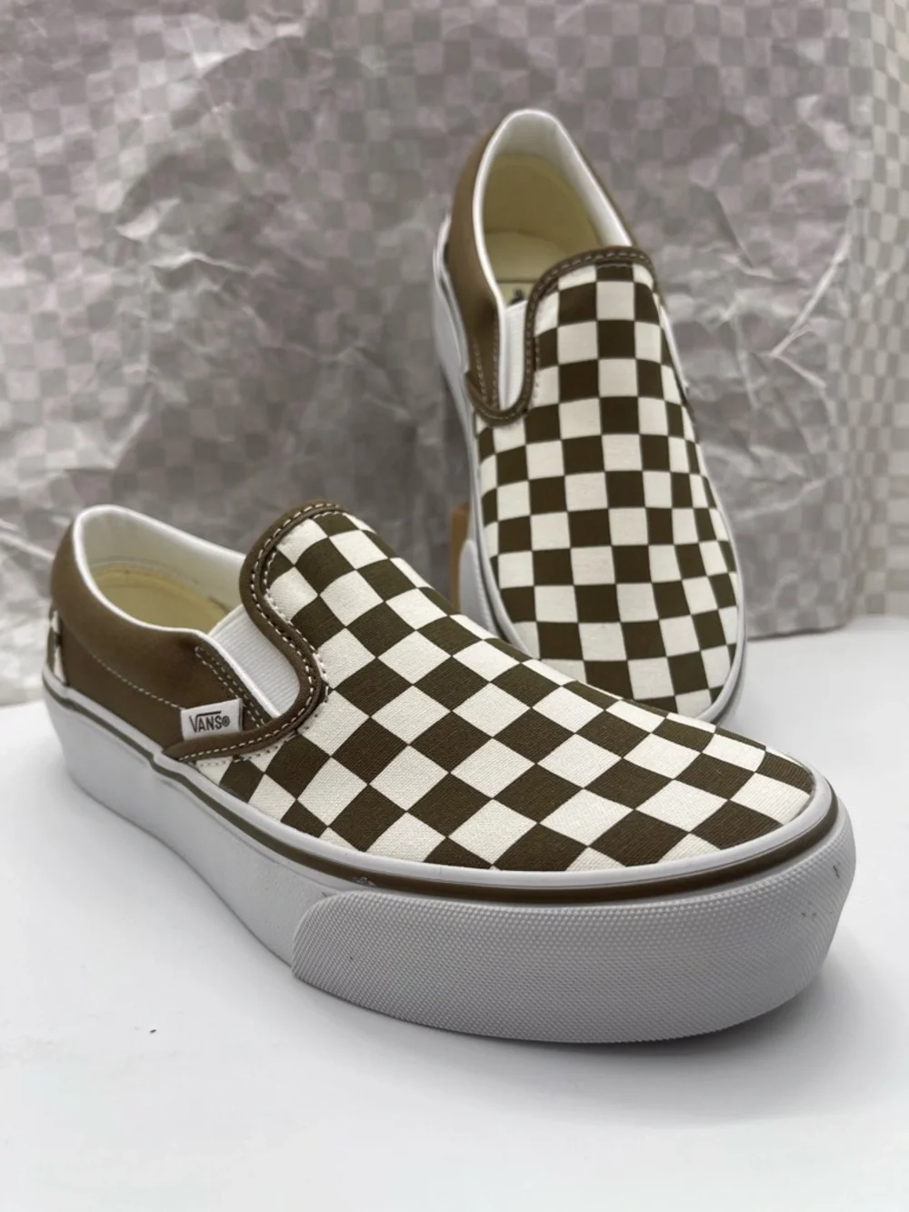 Vans Slip-On Platform Sneakers Checkerboard Sepia Brown VN00018E0E0 New